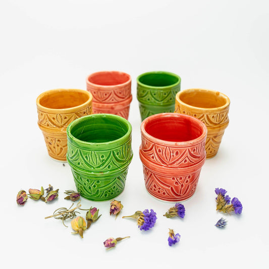 Set of 6 Cups Safi engraved green, orange & Rose 150ml - safi home design